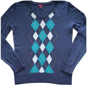 Merona Navy Wool Angora Argyle Sweater Long Sleeve Ribbed Trim V-Neck Sz S